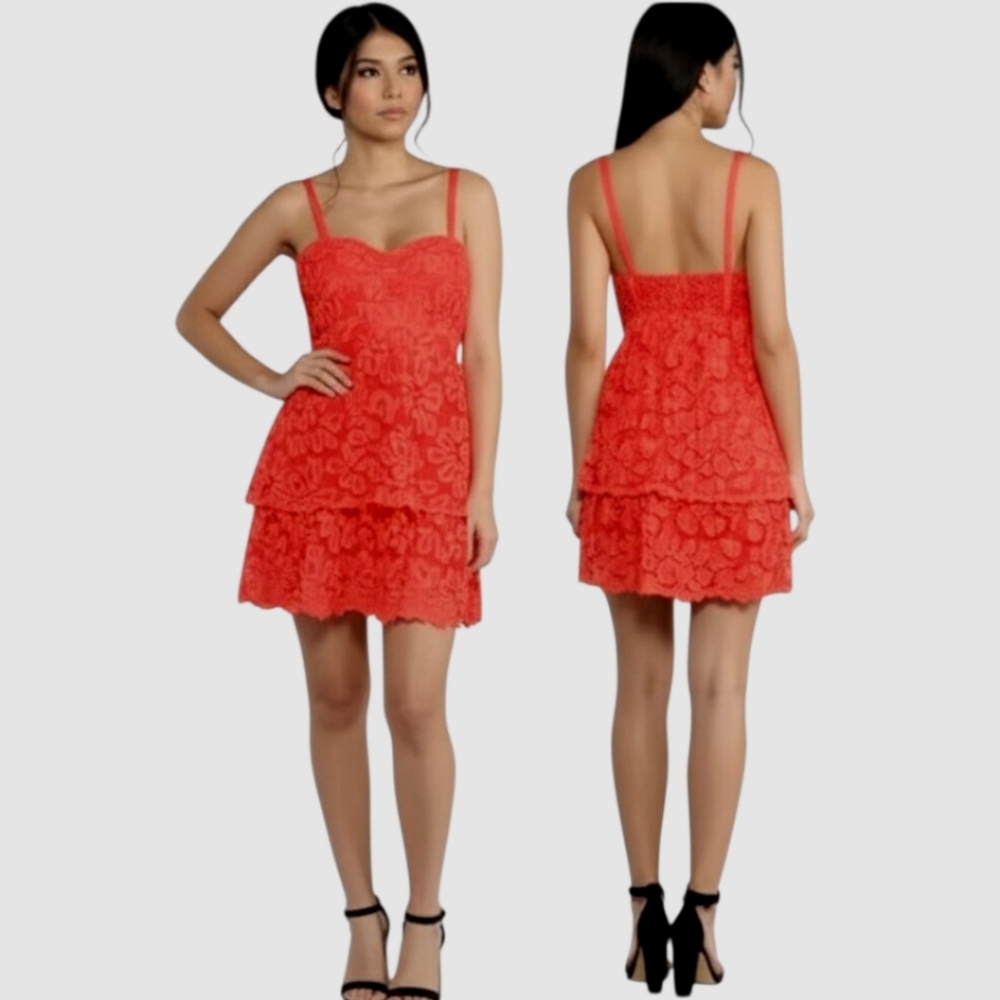 ANTHROPOLOGIE Red Lace Ruffle Mini Dress - Size M